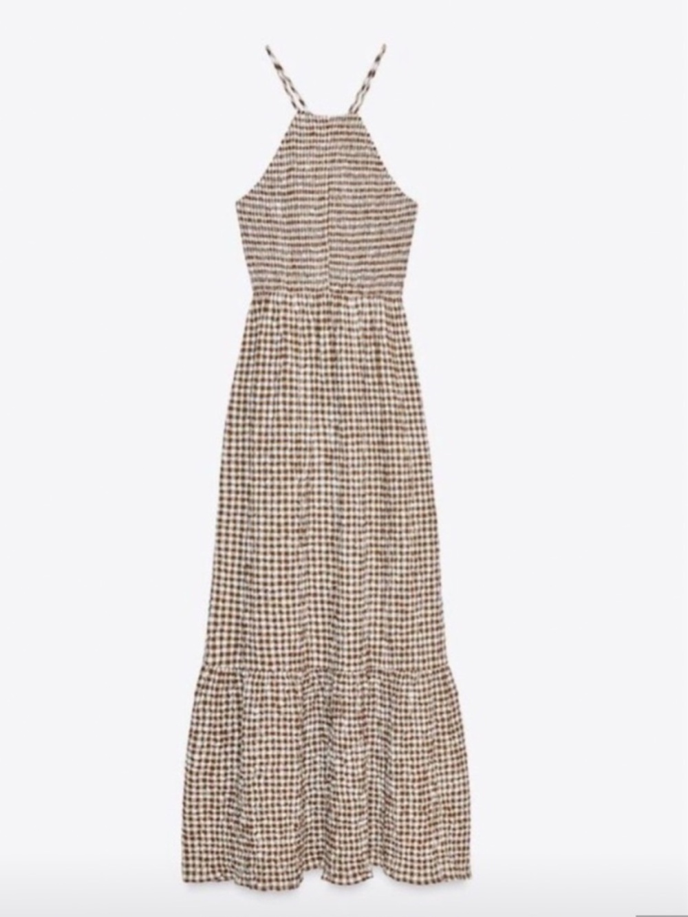 Zara Beige and Brown Gingham Halter Maxi Dress
